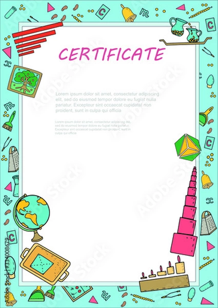 Fototapeta Border with doodle montessori materials for photo, certificate, banner, acknowledgment, announcement. Frame with school osfor kindergarden, preschool, 3-6 eyars children. Frame vector template 