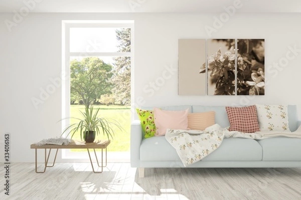 Fototapeta White living room with sofa and summer landscape in window. Scandinavian interior design. 3D illustration