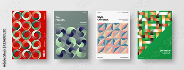 Fototapeta Business presentation vector A4 vertical orientation front page mock up set. Corporate report cover abstract geometric illustration design layout bundle. Company identity brochure template collection.