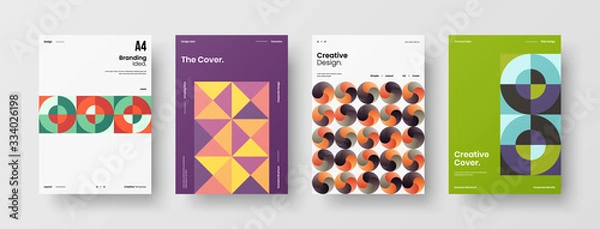 Fototapeta Business presentation vector A4 vertical orientation front page mock up set. Corporate report cover abstract geometric illustration design layout bundle. Company identity brochure template collection.