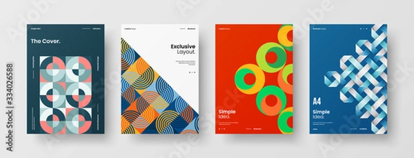 Fototapeta Business presentation vector A4 vertical orientation front page mock up set. Corporate report cover abstract geometric illustration design layout bundle. Company identity brochure template collection.