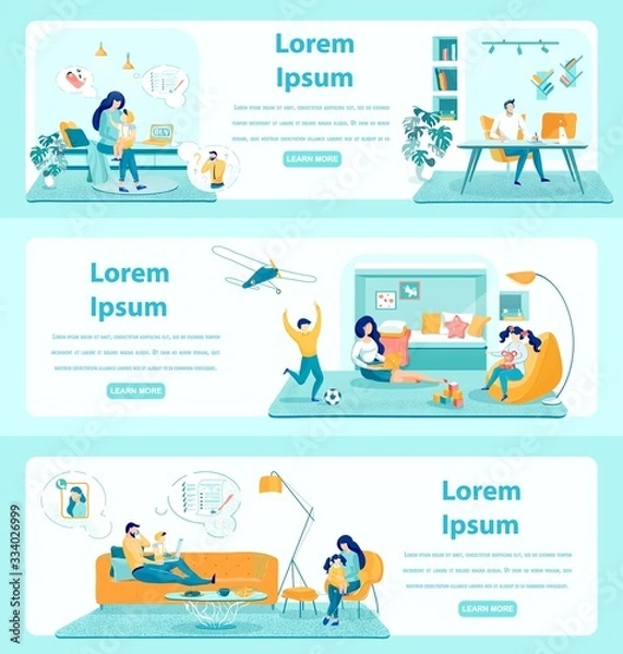 Fototapeta People Working from Home Web Banner Templates Set