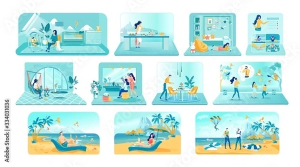 Fototapeta Remote Work and Business Vector Illustrations Set