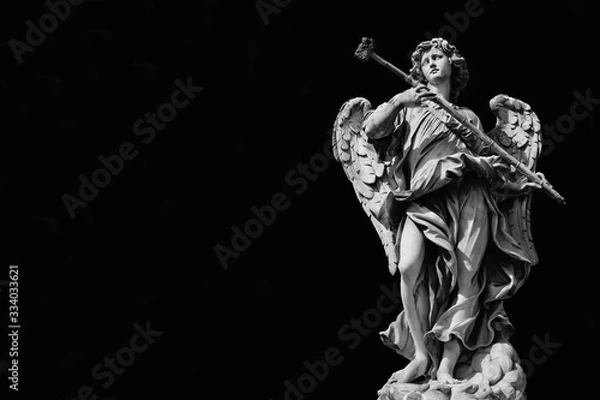 Fototapeta Angel marble statue with sponge, a 17th century baroque masterpiece on Holy Angel Bridge in Rome (Black and White with and copy space)