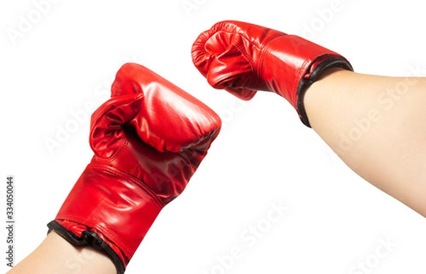 Fototapeta Isolated hands in  red boxing gloves.