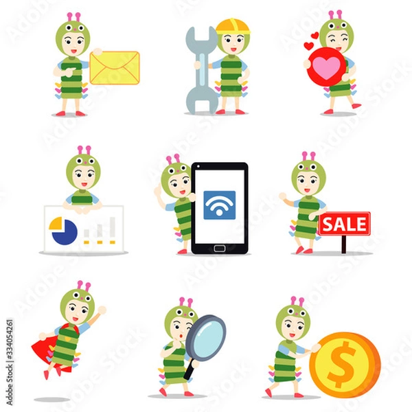 Obraz Set character of woman on caterpillar in a bright green color.