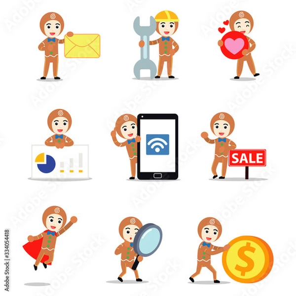 Obraz Set character of man in ginger bread costume for Christmas party.