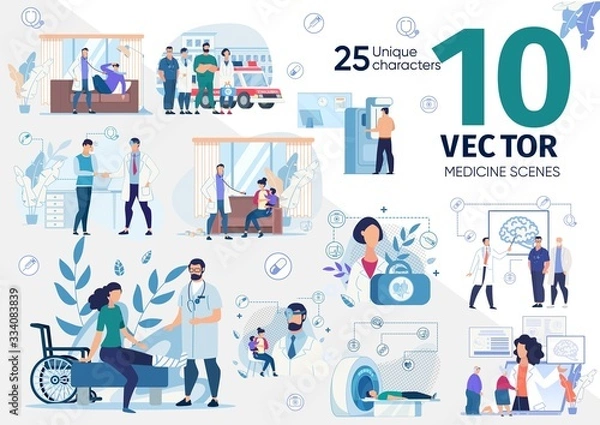 Fototapeta Pacjenci na wizycie lekarskiej, chorzy i ranni odwiedzający szpital, lekarze doradzający rodzicom z dziećmi, sceny osób starszych modny zestaw ilustracji wektorowych płaski