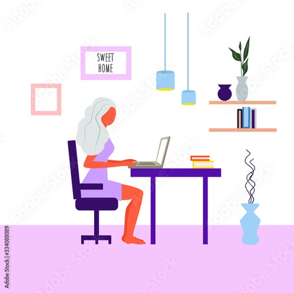 Fototapeta Freelance girl. Woman sitting on the armchair works with laptop, modern freelance template for website. Freelancer girl modern home office design.