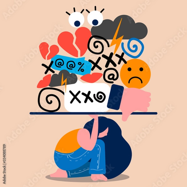 Obraz A woman is trying to withstand onslaught of profanity and sexual harassment. Cyberbullying illustration.
