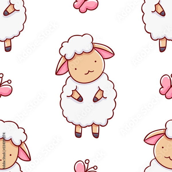 Obraz Simple seamless pattern, cute kawaii hand drawn sheep doodles