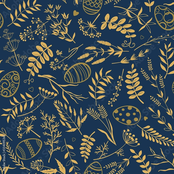 Fototapeta Easter background. Easter eggs, twigs, herbs and flowers on dark blue background. Vector seamless pattern.