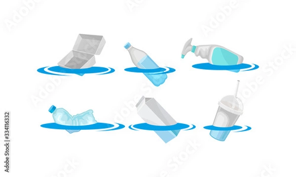 Fototapeta Plastic and Carton Trash Floating in the Ocean Vector Set