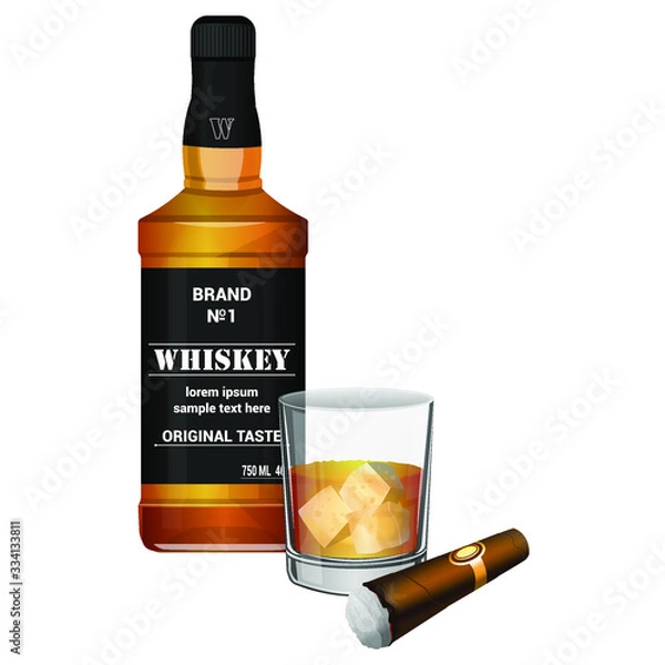 Fototapeta A bottle of whiskey with a cigar