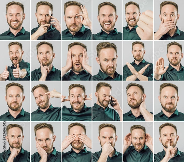 Fototapeta Set of handsome man with different emotions and gestures