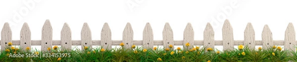 Fototapeta A wooden fence with green grass and dandelions, isolated on a white background. 3D image