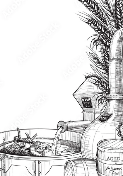 Fototapeta Whiskey making process from grain to bottle. Pieces of equipment. Vertical Frame or blank page template. Sketch style drawing isolated on white background. EPS10 vector illustration