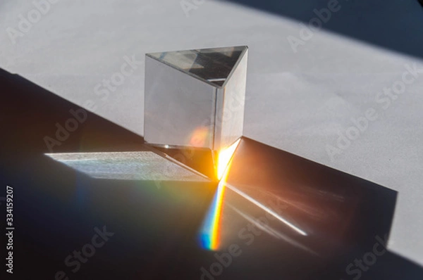 Fototapeta prism dispersing sunlight splitting into a spectrum on a white background.