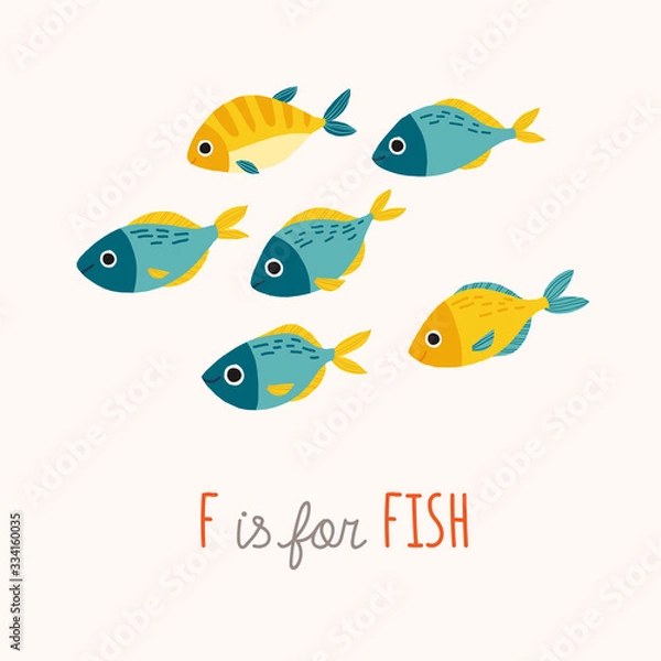 Obraz Tropic blue and yellow fish smiling. Cartoon clipart10 hand drawn illustration isolated on white background.