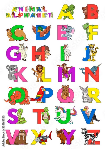 Fototapeta Zoo animal alphabet. Letters from A to Z. Cartoon cute animals isolated on white background. Different animals ABC. For children education and foreign language study. Alligator, bear, camel, duck etc.