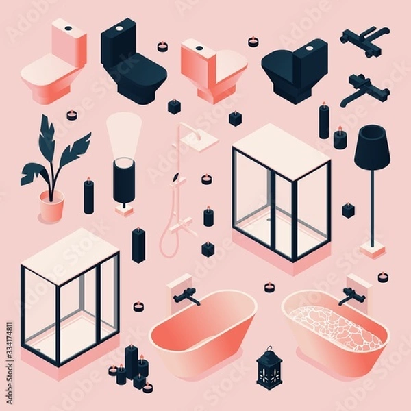 Obraz Set drawn in pink and black for bathroom with furniture and sanitary, plumbing isometric in various foreshortening. Vector concept collection