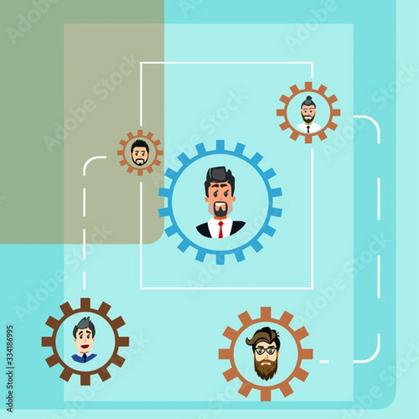 Fototapeta Businessmen work remotely. Workflow diagram. Building a business mechanism from gears and portraits of men. Flat vector character of online work.