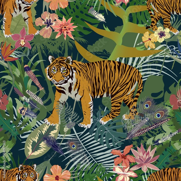Obraz Seamless exotic pattern with tiger, leaves, flowers, feathers.
