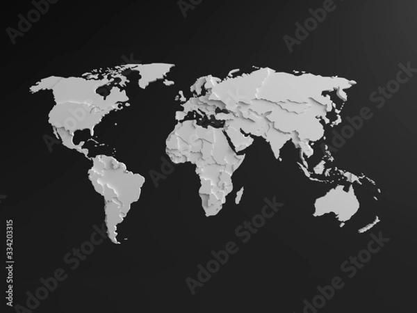 Fototapeta 3D simulated world map White colors divided into zones for each continent. Divided into six continents, Isolated on black backgrounds. Minimalist Black, illustration, 3D rendering.
