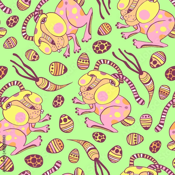 Fototapeta Easter bunny, carrots and eggs seamless pattern. Vector colorful line art illustration.