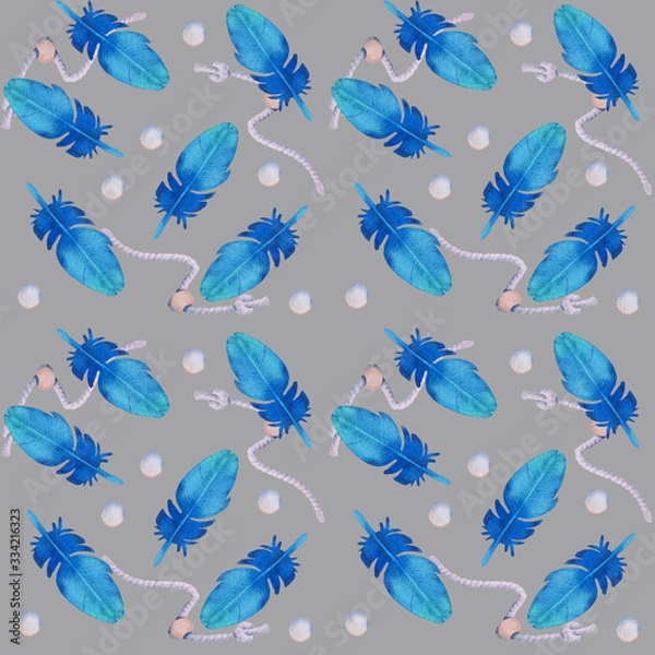 Fototapeta Seamless pattern with hand drawn watercolor illustration. Feathers in blue tones are perfect as print for fabric or wrapping paper.