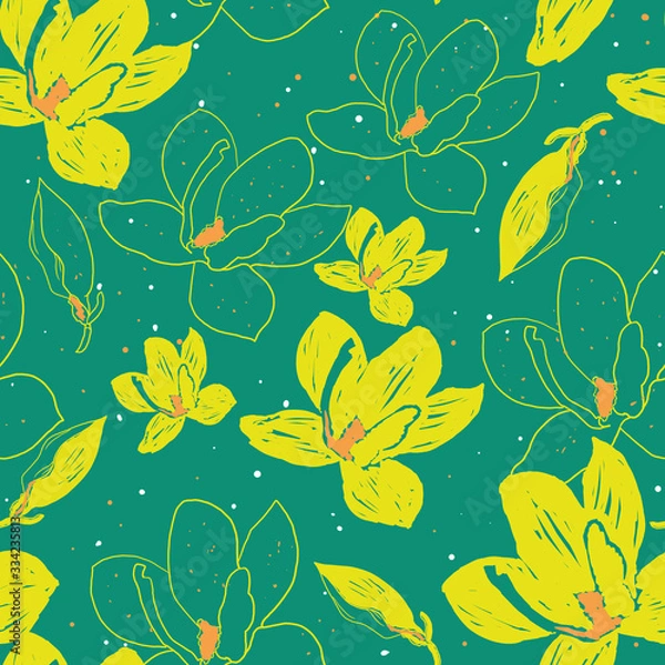 Obraz Seamless hand drawn floral pattern. Abstract yellow floral illustrations on green background.
