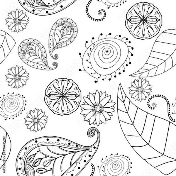 Obraz Seamless and tile able hand drawn floral ornament pattern on white background. Leafs, flowers and abstract shapes drawings.