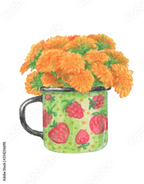 Obraz Dandelion bouquet in mug with berry pattern