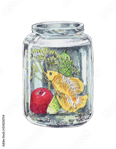 Obraz Surprised fish in a jar with pickles. Unexpected situation