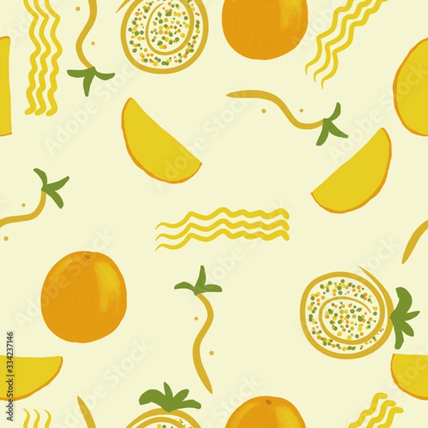 Obraz Seamless handdrawn fruits pattern. Orange, sliced lemon and abstract shape illustrations on light yellow background.