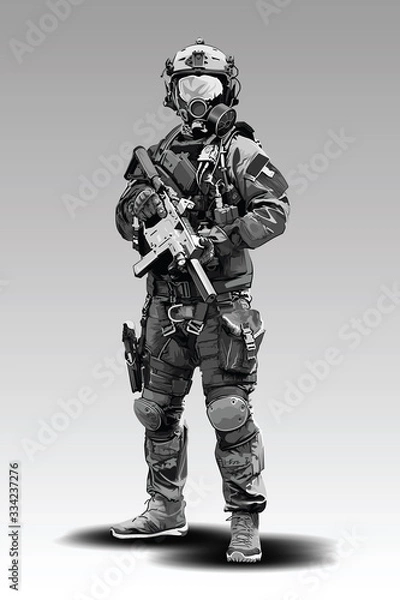 Fototapeta Vector Policeman Tactical Shoot Illustration. Armed police military preparing to shoot with automatic rifle., Vector Policeman Tactical Shoot Illustration. 