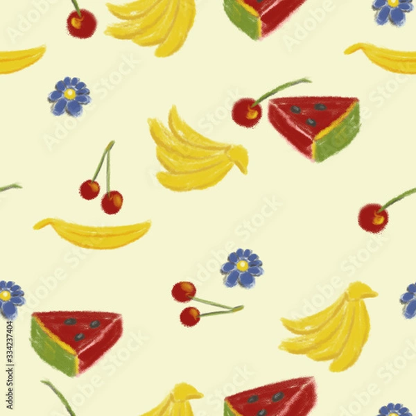 Obraz Seamless handdrawn crayons fruits pattern. Sliced watermelon, cherries, bananas and flower illustrations on light yellow background.