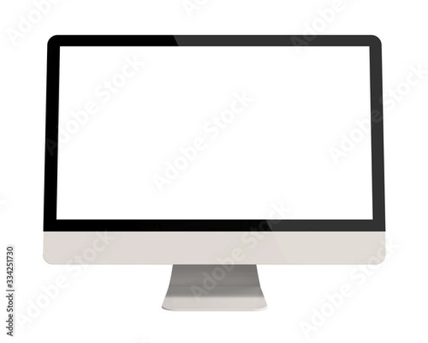 Fototapeta Front View of Empty Blank PC Monitor Isolated on White Background. Realistic 3D Render of White Modern Sleek Screen.