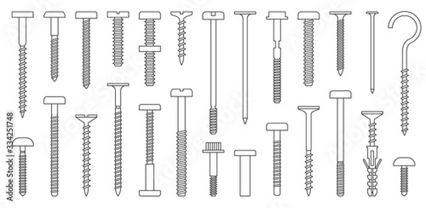 Fototapeta Metal fasteners outline vector set icon.Vector illustration isolated, icon metal screw and bolt on white background .outline set screw and bolt.