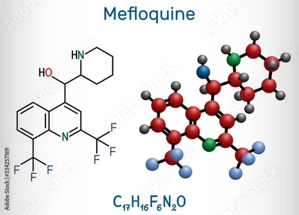 Fototapeta Mefloquine, C17H16F6N2O antimalarial drug molecule. It is medication used to treat malaria, coronavirus disease COVID-19. Structural chemical formula and molecule model