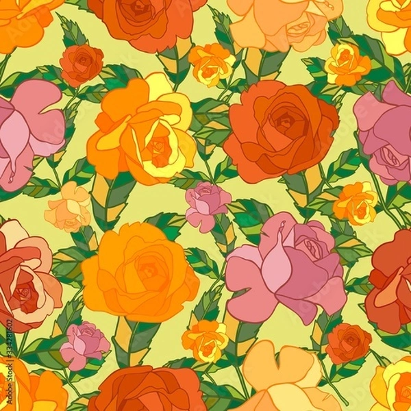 Fototapeta Abstract pattern of floral rows. Flowers and grass in green fields. Warm summer sunny day. Vector illustration seamless.