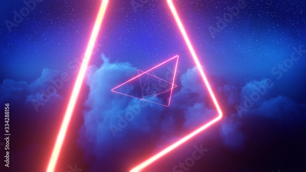 Fototapeta 3d render of Red neon triangles in blue clouds
