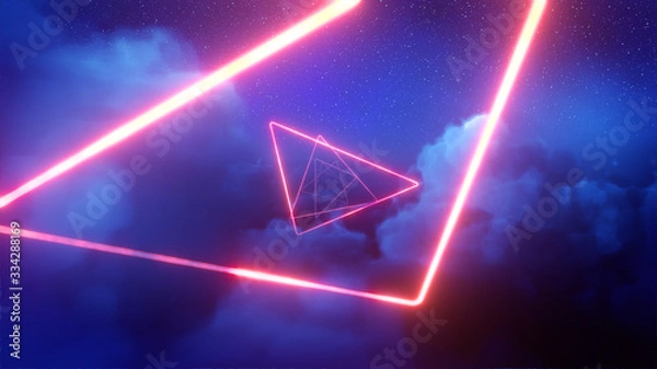 Fototapeta 3d render of Red neon triangles in blue clouds
