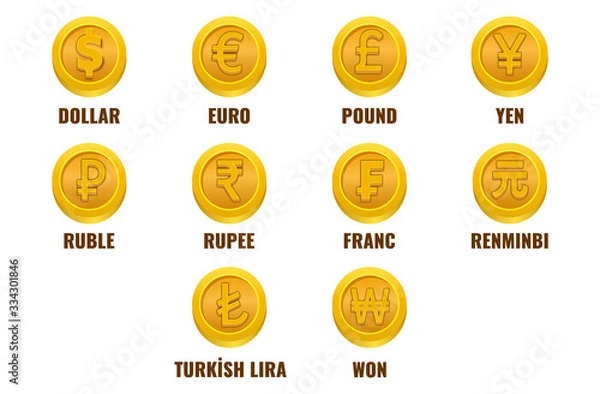 Obraz Set of gold coins with 10 currencies signs. Dollar,  Euro, Pound, Yen, Ruble, Rupee, Franc, Renminbi, Turkish Lira and Won signs on game style gold money. 