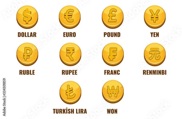 Obraz Set of gold coins with 10 currencies signs. Dollar,  Euro, Pound, Yen, Ruble, Rupee, Franc, Renminbi, Turkish Lira and Won signs on game style gold money. 