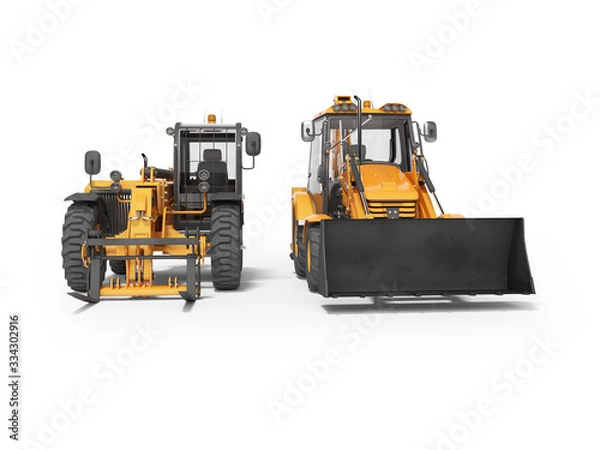Fototapeta 3d rendering orange loading equipment backhoe loader and excavator telescopic handler on a white background with shadow