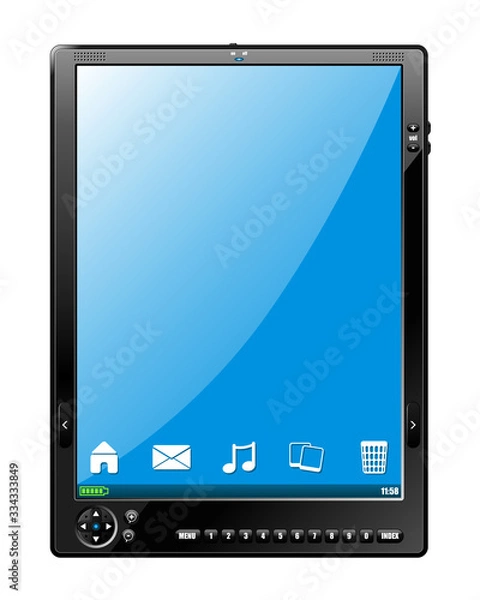 Fototapeta Vector design of a tablet computer mock up with buttons and icons for home, emails, music, pictures and trash. Can represent communications, technology, mobility, touchscreens and gadgets.