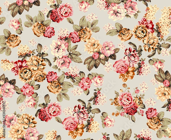 Fototapeta pink and orange  Shabby chic vintage roses, tulips and forget-me-nots vintage seamless pattern, classic chintz floral repeat background for web and print