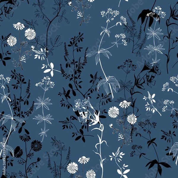 Obraz Meadow flower silhouettes seamless pattern. Vector floral drawing.