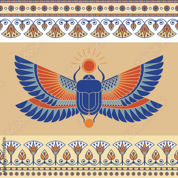 Fototapeta Colorful illustration of the Egyptian scarab beetle, personifying the god Hepri with seamless horizontal patterns. 